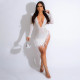 EVE Deep V Neck High Split Hot Drill Feather Dress CYA-900757