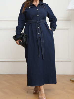 EVE Plus Size Fashion Lapel Big Swing Denim Maxi Dress(With Waist Belt) GDAM-218319