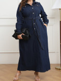 EVE Plus Size Fashion Lapel Big Swing Denim Maxi Dress(With Waist Belt) GDAM-218319