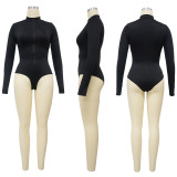 EVE Solid Long Sleeve Zipper Bodysuits PU Skirt Two Piece Set YF-10651