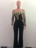 EVE Plus Size One Shoulder Embroidery Wide Leg Jumpsuit OSM-3227