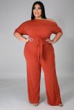 EVE Plus Size Solid Color Slash Shoulder Tie Up Jumpsuit OSM2-5282