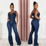 EVE Plus Size Single Breasted Denim Wide Leg Strap Jumpsuit LX-6048