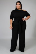 EVE Plus Size Solid Color Slash Shoulder Tie Up Jumpsuit OSM-5282