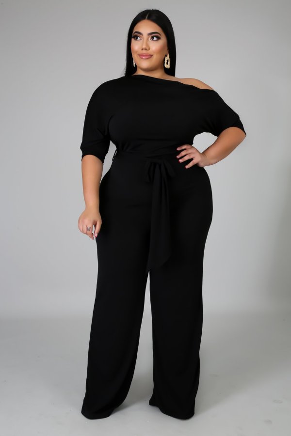 EVE Plus Size Solid Color Slash Shoulder Tie Up Jumpsuit OSM-5282