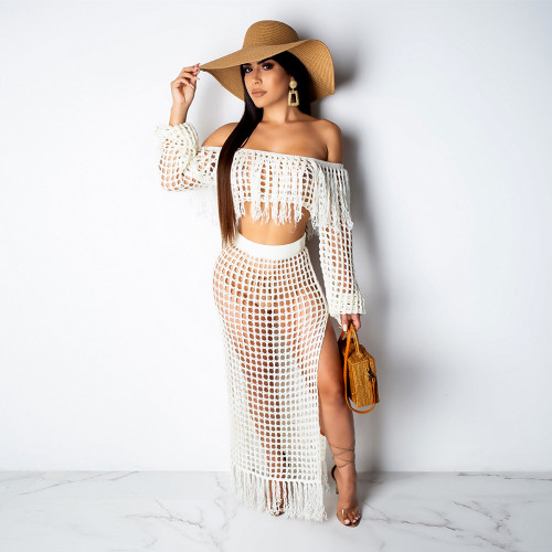 EVE Hollow Out Mesh Tassel See Through Two Piece Set ONY-3554