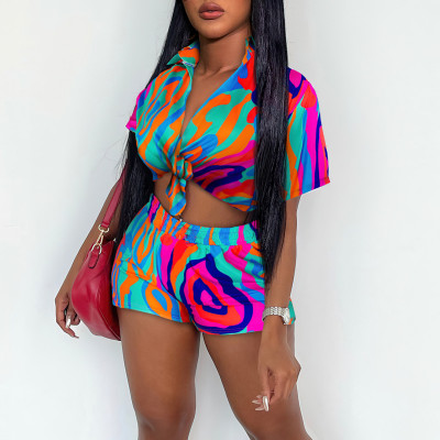 EVE Colorful Print Short Sleeve Shirt Two Piece Shorts Set GYZY-8826