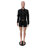 EVE Fashion Long Sleeve Hot Drill Two Piece Short Set MEM-88533