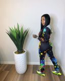 EVE Colorful Print Long Sleeve Zipper Hooded Two Piece Pants Set YIM-035