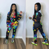 EVE Colorful Print Long Sleeve Zipper Hooded Two Piece Pants Set YIM-035