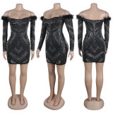 EVE Hot Drill Feather Patchwork One Shoulder Mini Dress NY-2887