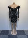 EVE Hot Drill Feather Patchwork One Shoulder Mini Dress NY-2887