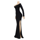 EVE Solid Color V Neck Split Maxi Dress AIL-AL143