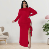 EVE Plus Size Long Sleeve Solid Color Tie Up Maxi Dress GDAM-218253