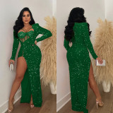 EVE Solid Color Sequin Sexy Split Maxi Dress BY-6725