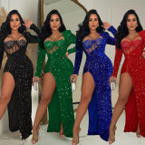 EVE Solid Color Sequin Sexy Split Maxi Dress BY-6725