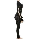 EVE Sexy Hollow Out Knit Tight Long Sleeve Jumpsuit XEF-38029