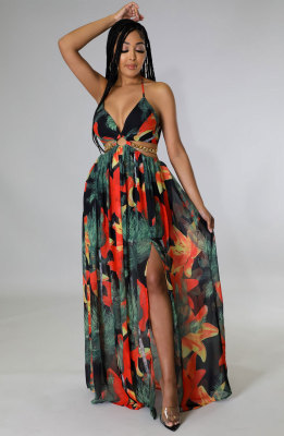 EVE Sexy Halter Blackless Split Print Dress XHXF-290