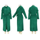 EVE Plus Size Solid Padded Coat And Midi Dress 2 Piece Set(With Waist Belt) XHSY-BT19484