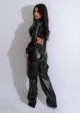 EVE PU Leather Zipper Tops And Pants 2 Piece Set BS-1358