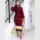 EVE Plus Size Long Sleeve Patchwork Midi Dress OM-1722