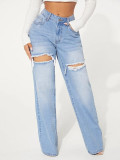 EVE Holes Washed Wide-leg Jeans GKNF-TS-23715