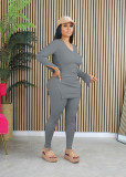 EVE Casual V Neck Solid Color Two Piece Pants Set YD-8792