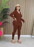 EVE Casual V Neck Solid Color Two Piece Pants Set YD-8792