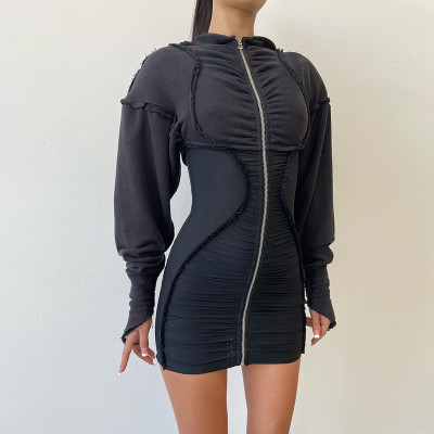 EVE Contrast Color Splicing Pleated Hooded Mini Dress XEF-38331