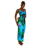 EVE Sexy Print Backless Sling Maxi Dress MUE-8015