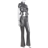 EVE Sexy Side Hollow Out Tie Vest High Waisted Flared Pants Suit GNZD-9762