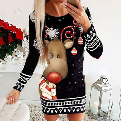 EVE Christmas Printed Long Sleeve Midi Dress GSGS-3590