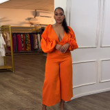 EVE Deep V Neck Lantern Sleeve Tie Up Jumpsuit NY-10661