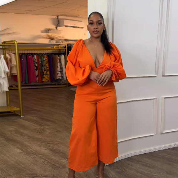 EVE Deep V Neck Lantern Sleeve Tie Up Jumpsuit NY-10661