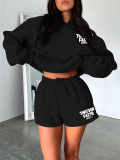 EVE Letter Print Hooded Loose Two Piece Shorts Set SSNF-1625