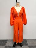 EVE Deep V Neck Lantern Sleeve Tie Up Jumpsuit NY-10661