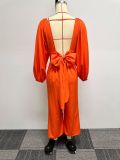 EVE Deep V Neck Lantern Sleeve Tie Up Jumpsuit NY-10661