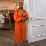 EVE Deep V Neck Lantern Sleeve Tie Up Jumpsuit NY-10661