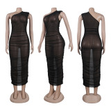 EVE Sexy Mesh Slash Shoulder Sleeveless Midi Dress NY-10653