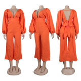 EVE Deep V Neck Lantern Sleeve Tie Up Jumpsuit NY-10661