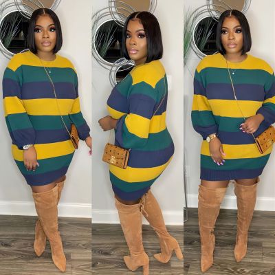 EVE Contrast Color Stripe Knit Sweater Dress GYSF-8005