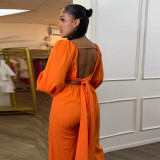 EVE Deep V Neck Lantern Sleeve Tie Up Jumpsuit NY-10661