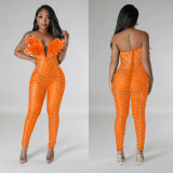EVE Solid Color Sexy Mesh Hot Rhinestone Jumpsuit BY-6735