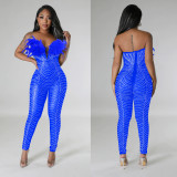 EVE Solid Color Sexy Mesh Hot Rhinestone Jumpsuit BY-6735