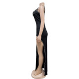 EVE Solid Hot Rhinestone Sleeveless Split Maxi Dress BY-6705