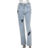 EVE Fashion Embroider Print Hollow Out Slim Jeans GNZD-8082DN