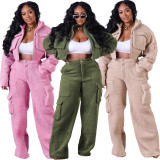 EVE Shaker Fleece Solid Color Zipper Two Piece Pants Set CM-8701