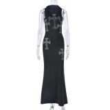 EVE Cross Hot Rhinestone Sleeveless Hooded Maxi Dress GNZD-9658DD