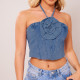 EVE Halter Tube Tops Flower Denim Top GNZD-31291TY