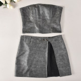 EVE Slim Wrap Chest Tops And Skirt PU Leather 2 Piece Set GNZD-9769SD